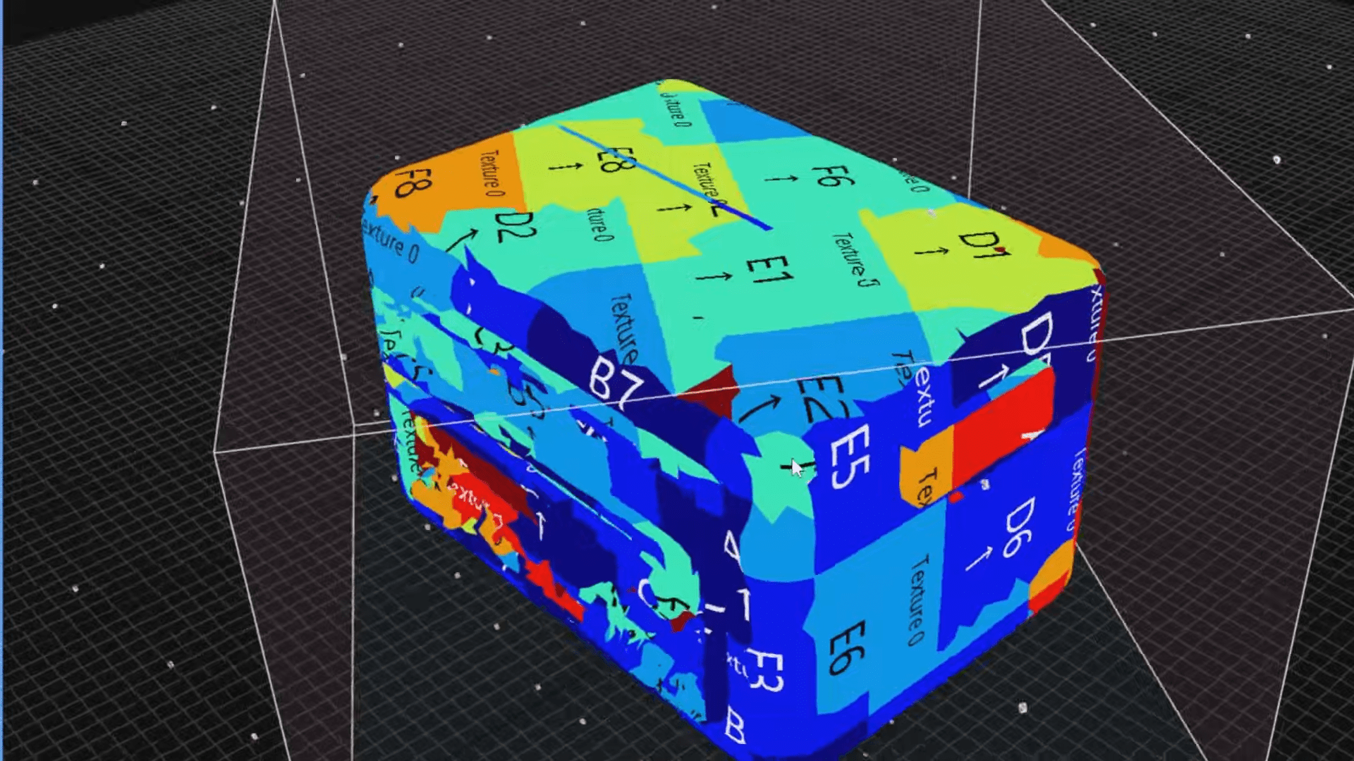 a colorful 3d block with various labeled sections including letters and numbers against a grid background the block features blue green yellow and red regions each displaying different labels like d1 e5 and f7 digital production A colorful 3D block with various labeled sections, including letters and numbers, against a grid background. The block features blue, green, yellow, and red regions, each displaying different labels like D1, E5, and F7.