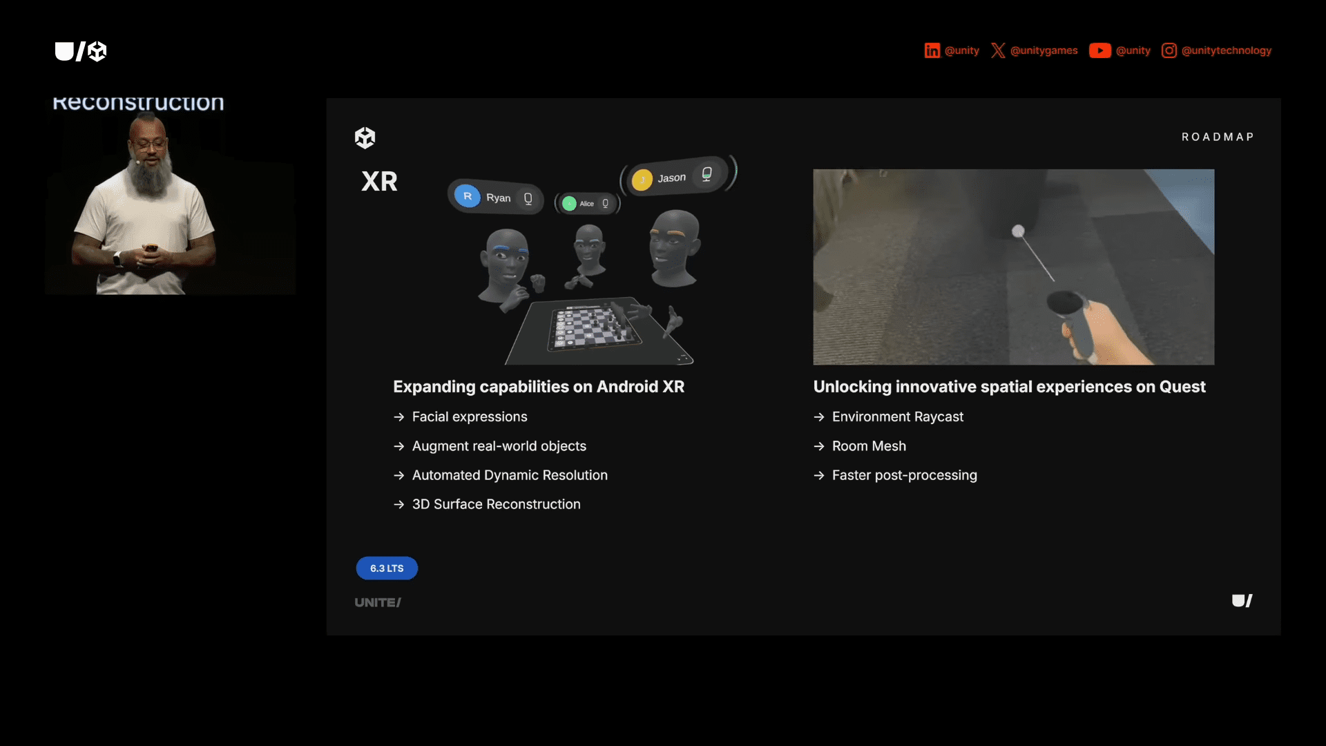 a male speaker with a beard presents on stage in front of a screen displaying a roadmap for xr capabilities the left side highlights features like facial expressions and augmented objects while the right side mentions improvements for quest digital production A male speaker with a beard presents on stage in front of a screen displaying a roadmap for XR capabilities. The left side highlights features like facial expressions and augmented objects, while the right side mentions improvements for Quest.