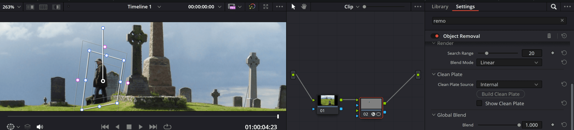 remove1 digital production Object Removal – DaVinci versucht, störende Bildinhalte zu entfernen. Eine Maske wurde um das Objekt gezeichnet, getrackt und auf die Kopie der Node der Effekt Object Removal angewendet. Wenn das Objekt nicht zu groß war und die Hintergrundstruktur „passte“, dann funktionierte das ganz gut.