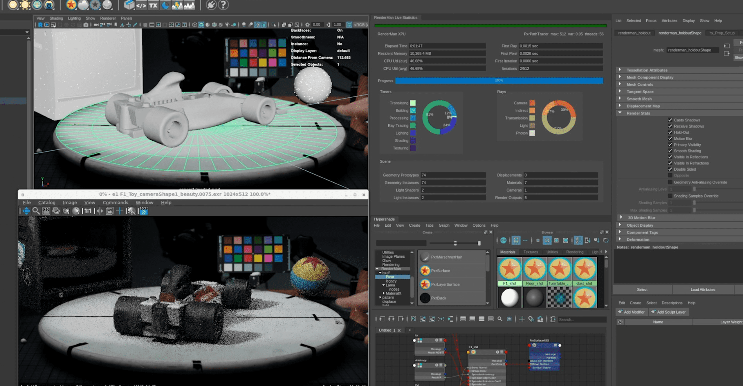 a computer screen displaying a 3d modeling software interface the top part shows a sleek race car model on a circular table with a grid background while the bottom part features a textured vehicle model with a color palette and various editing panels on the side digital production A computer screen displaying a 3D modeling software interface. The top part shows a sleek race car model on a circular table with a grid background, while the bottom part features a textured vehicle model with a color palette and various editing panels on the side.