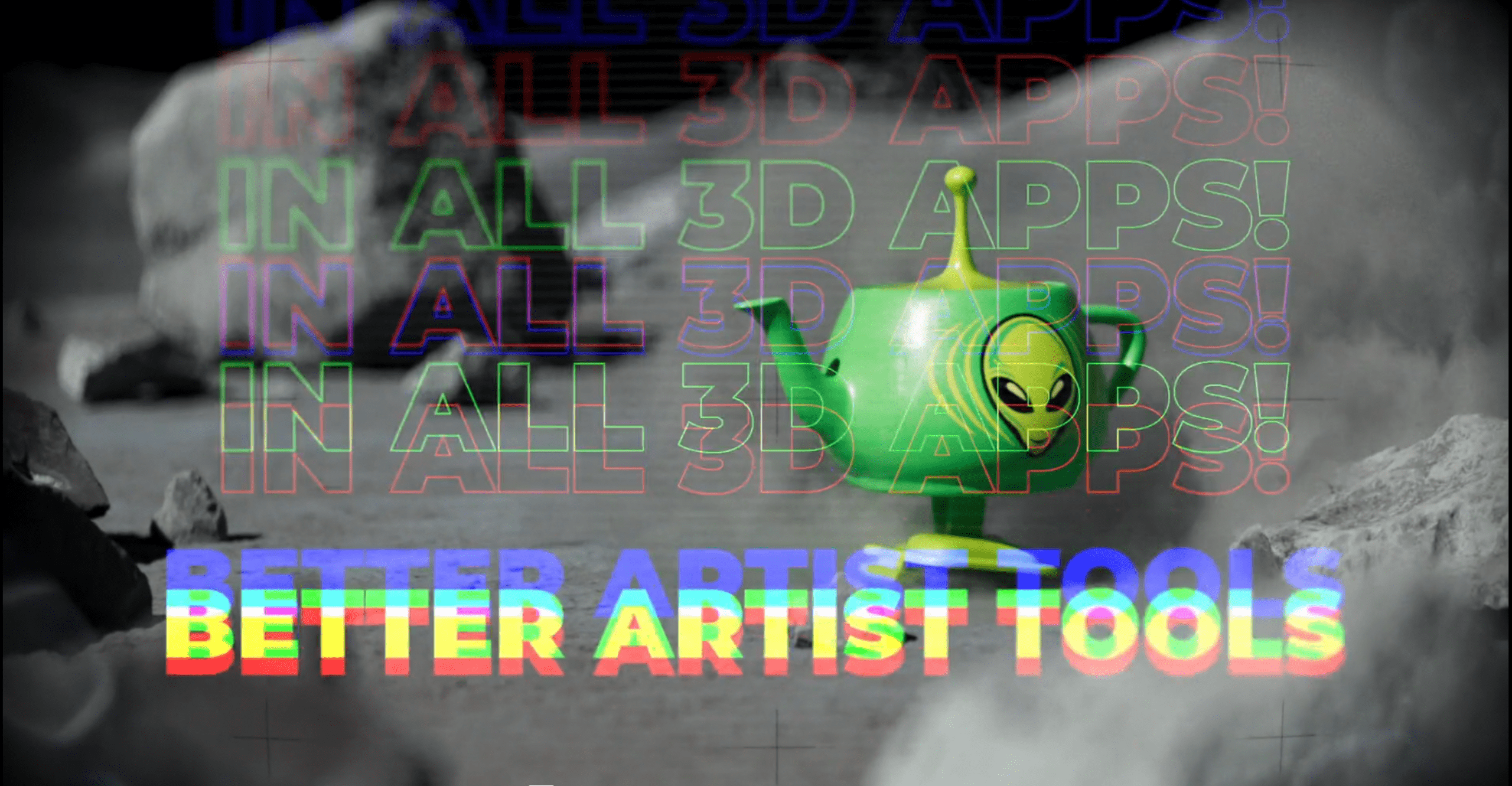 a green alien teapot sits among rocky terrain surrounded by a smoky background vibrant text overlays read better artist tools and repeated phrases emphasizing in all 3d apps in a colorful distorted style digital production A green alien teapot sits among rocky terrain, surrounded by a smoky background. Vibrant text overlays read "Better Artist Tools" and repeated phrases emphasizing "In All 3D Apps!" in a colorful, distorted style.