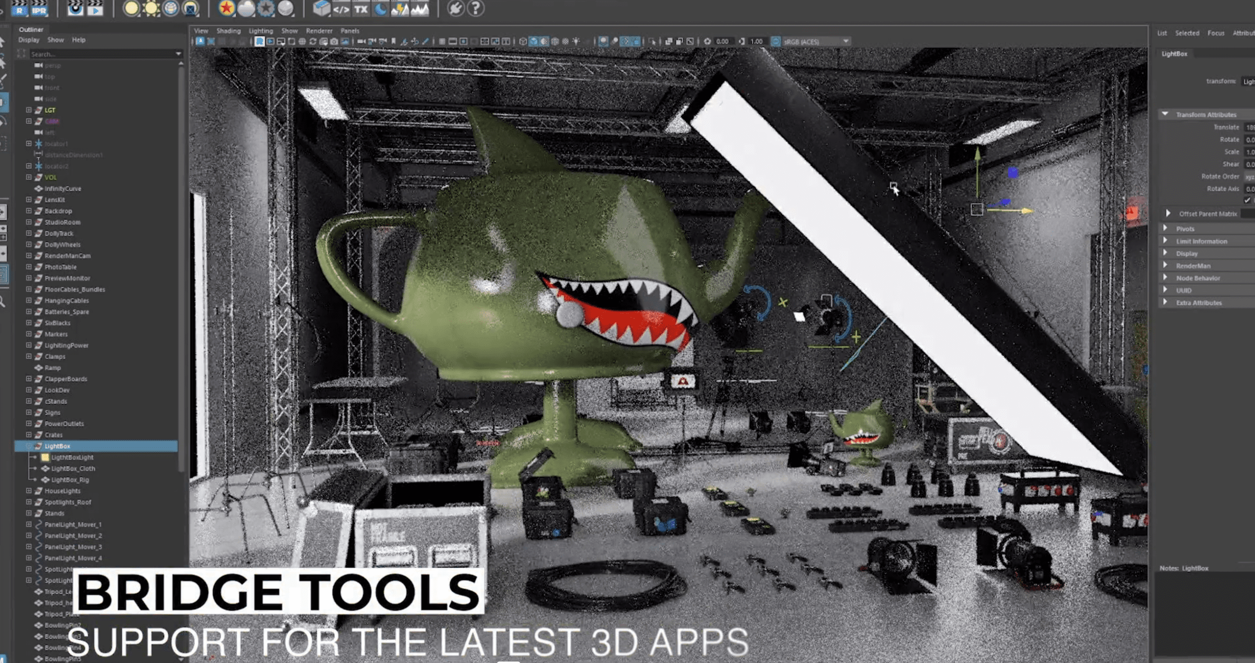 a vibrant 3d software interface showcasing a cartoonish green character resembling a monster with sharp teeth situated in a creative workspace equipped with various 3d modeling tools and equipment the text bridge tools support for the latest 3d apps is prominently displayed at the bottom digital production A vibrant 3D software interface showcasing a cartoonish green character resembling a monster, with sharp teeth, situated in a creative workspace equipped with various 3D modeling tools and equipment. The text 'BRIDGE TOOLS SUPPORT FOR THE LATEST 3D APPS' is prominently displayed at the bottom.