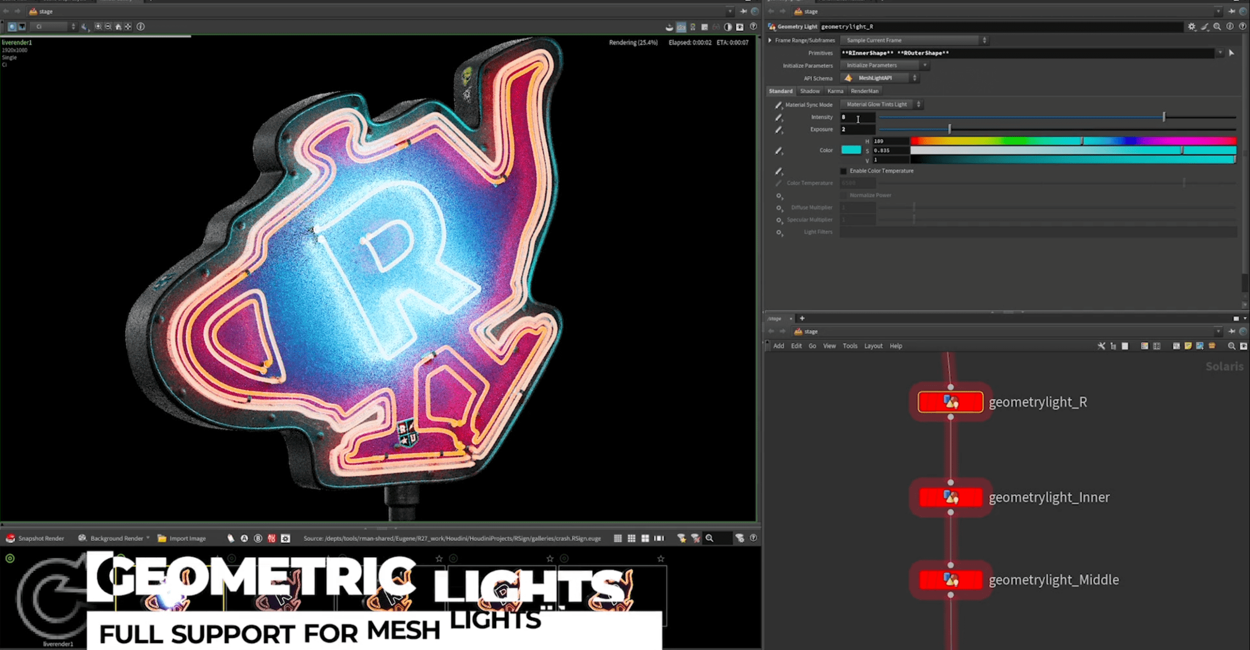 a colorful 3d neon sign in the shape of a letter r surrounded by glowing geometric lights on the right side software settings for adjusting mesh light properties are visible showcasing a user interface with color sliders digital production A colorful 3D neon sign in the shape of a letter 'R' surrounded by glowing geometric lights. On the right side, software settings for adjusting mesh light properties are visible, showcasing a user interface with color sliders.