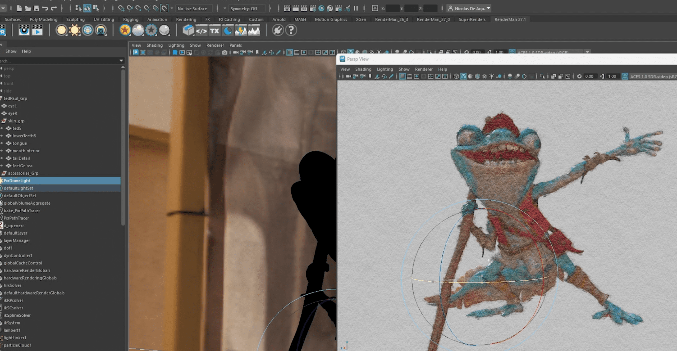 a computer screen displays a 3d animated character of a frog in a colorful outfit with exaggerated features next to a darker interface showing modeling tools and proportions the frog stands dynamic holding a stick digital production A computer screen displays a 3D animated character of a frog in a colorful outfit, with exaggerated features, next to a darker interface showing modeling tools and proportions. The frog stands dynamic, holding a stick.