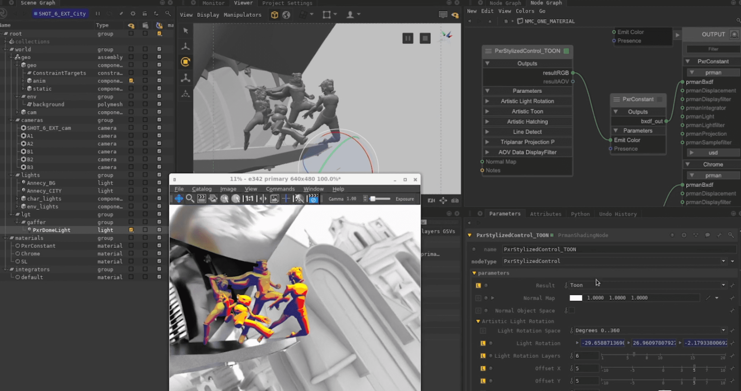 a computer screen displaying a 3d animation editing software interface the main view shows 3d models of animated characters in a stylized environment while panels on the side contain various tools and settings for editing and rendering digital production A computer screen displaying a 3D animation editing software interface. The main view shows 3D models of animated characters in a stylized environment, while panels on the side contain various tools and settings for editing and rendering.