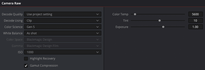 a screenshot of the camera raw settings interface displaying options for decode quality decode using color science white balance color space iso and other adjustments all set against a dark background digital production A screenshot of the Camera Raw settings interface displaying options for Decode Quality, Decode Using, Color Science, White Balance, Color Space, ISO, and other adjustments, all set against a dark background.