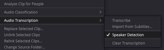 a screenshot of a video editing software menu showing options under audio transcription the menu includes options like transcribe import from subtitles and speaker detection which is currently selected digital production A screenshot of a video editing software menu showing options under Audio Transcription. The menu includes options like Transcribe, Import from Subtitles, and Speaker Detection, which is currently selected.