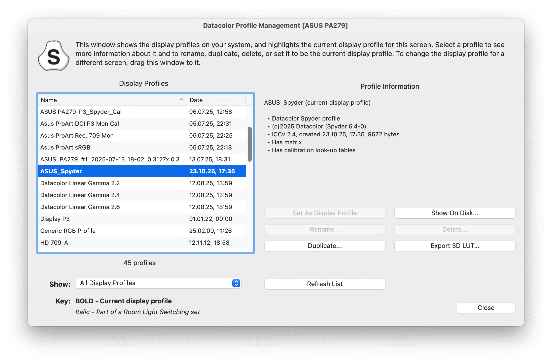 a screenshot of the datacolor profile management interface on a mac showing various display profiles with a focus on asusspyder selected the profile details include names dates and options to set show duplicate and export profiles digital production A screenshot of the Datacolor Profile Management interface on a Mac, showing various display profiles with a focus on 'ASUS_Spyder' selected. The profile details include names, dates, and options to set, show, duplicate, and export profiles.