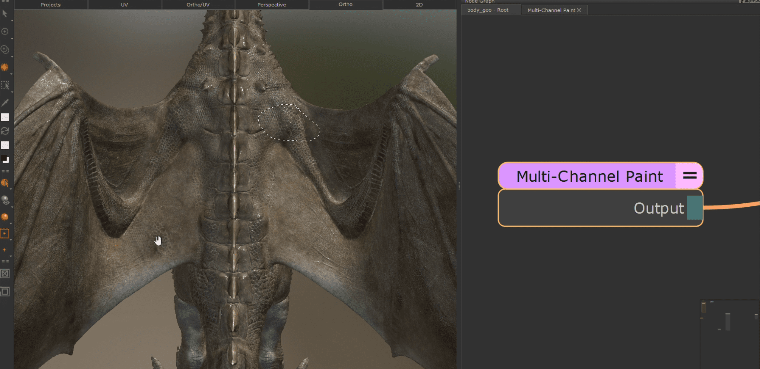 a detailed view of a dragons textured wings in a 3d modeling software the dragons wings have a rugged scaly appearance with ridges and shadows on the right theres a user interface showing options for multichannel paint and output digital production A detailed view of a dragon's textured wings in a 3D modeling software. The dragon's wings have a rugged, scaly appearance with ridges and shadows. On the right, there's a user interface showing options for 'Multi-Channel Paint' and 'Output'.