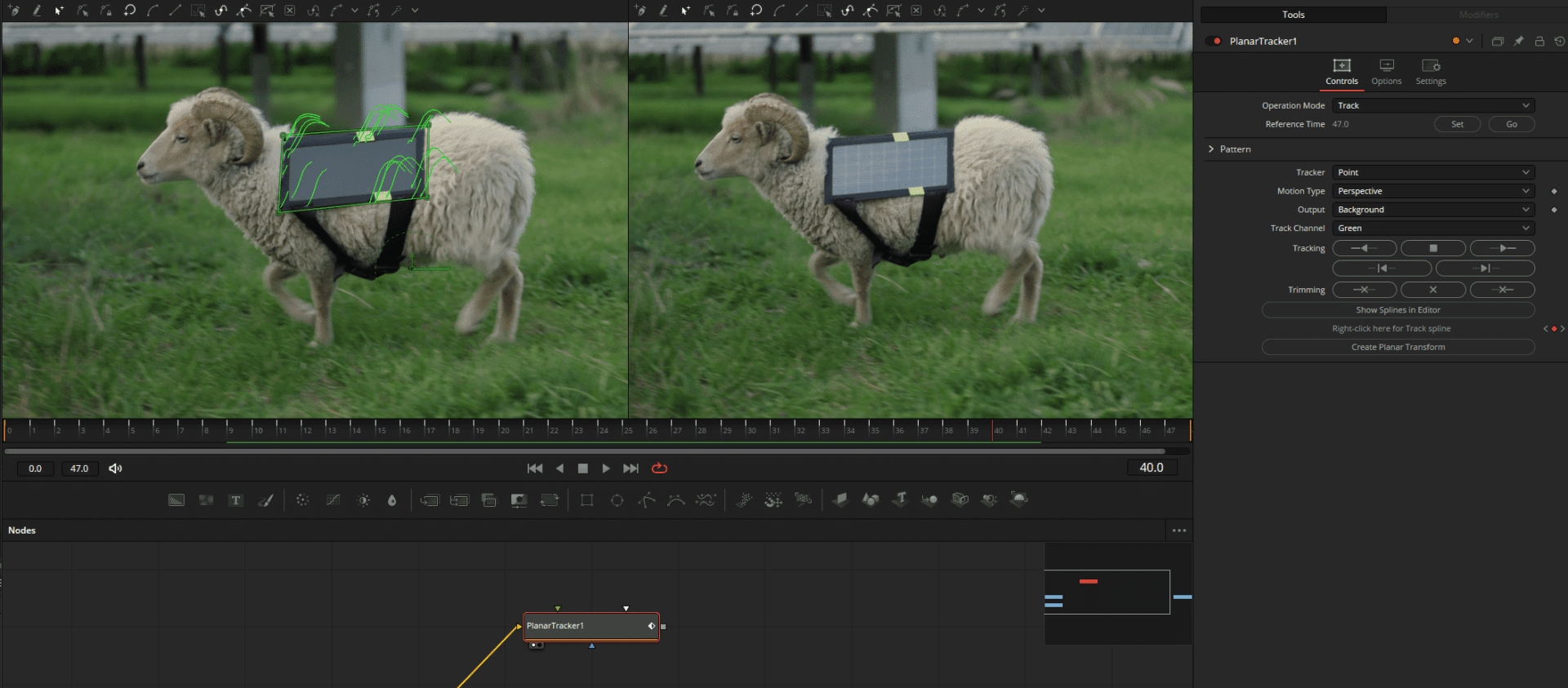 a sheep wearing a harness with a solar panel on its back in a grassy field displayed alongside editing software interface digital production A sheep wearing a harness with a solar panel on its back in a grassy field, displayed alongside editing software interface.