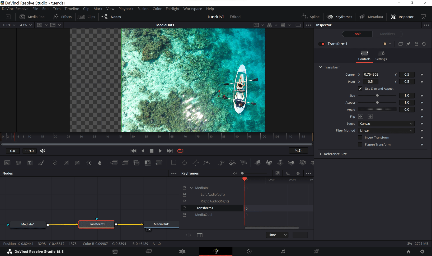 transformnode digital production DaVinci Resolve – einfache Übung: Objekte (Bilder oder Video-Clips) im Inspector bewegen mit der Transform-Node – und per Keyframes animieren.