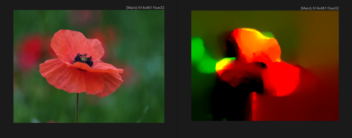 a bright orange poppy flower with a blurred background and a vivid abstract version of the flower on the right digital production A bright orange poppy flower with a blurred background and a vivid abstract version of the flower on the right.