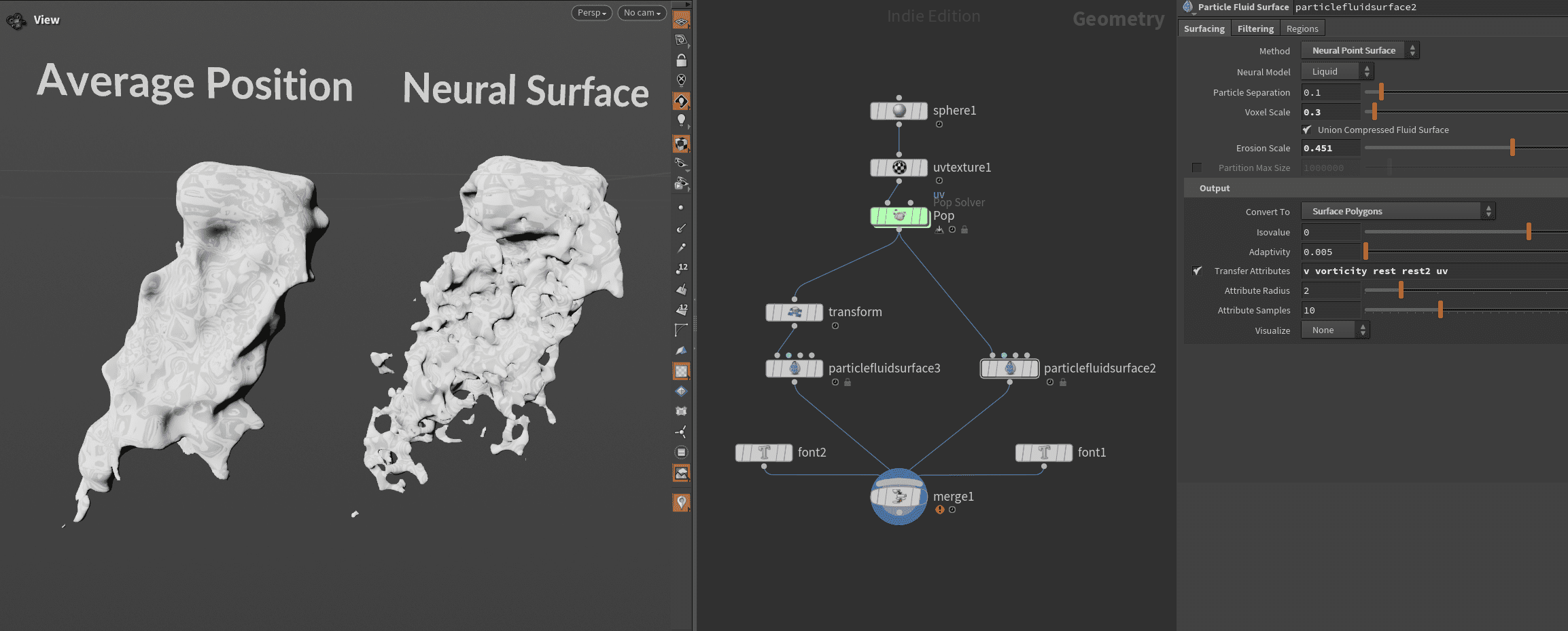 a computer screen displaying a 3d modeling interface on the left side two textured models labeled average position and neural surface are shown the right side features a node graph and adjustable parameters for editing geometry digital production A computer screen displaying a 3D modeling interface. On the left side, two textured models labeled 'Average Position' and 'Neural Surface' are shown. The right side features a node graph and adjustable parameters for editing geometry.