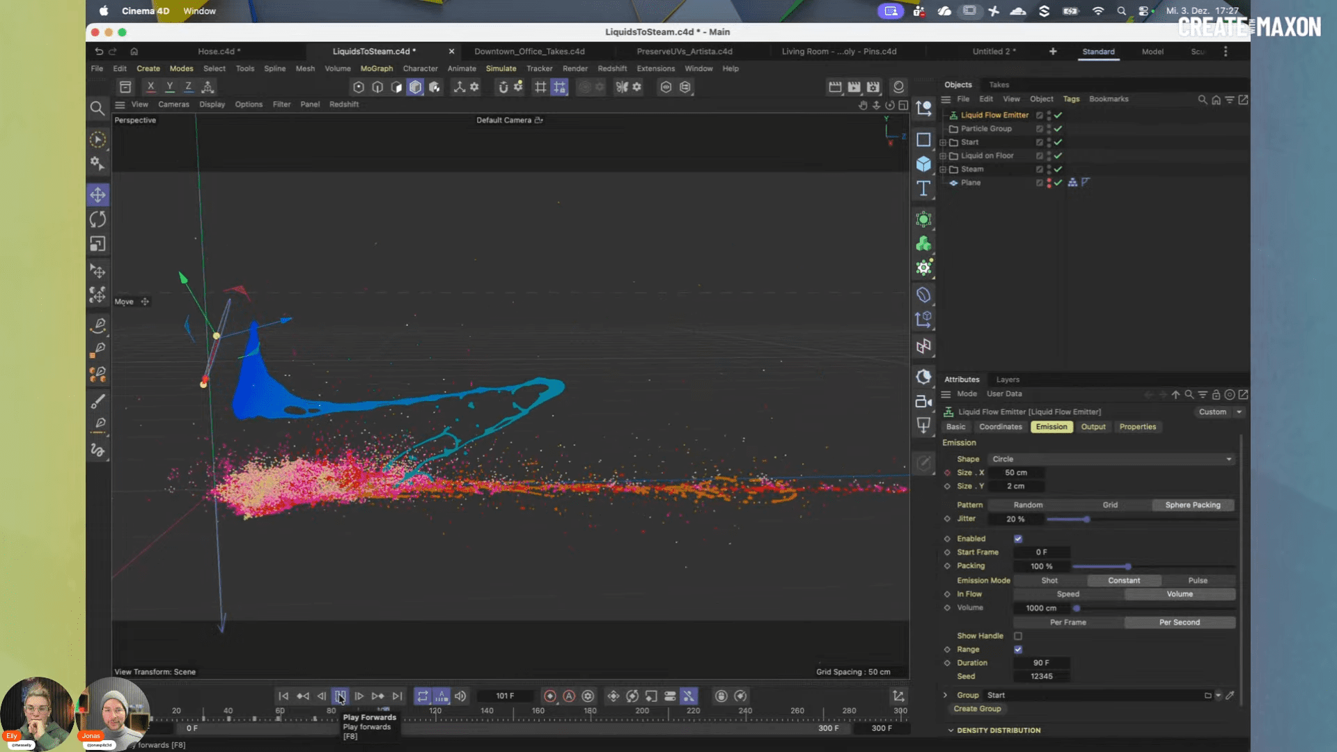 a computer screen displaying a vibrant animation project in the software cinema 4d colorful particles in shades of blue pink and orange are dynamically flowing on the screen with interface elements visible on the right side digital production A computer screen displaying a vibrant animation project in the software Cinema 4D. Colorful particles in shades of blue, pink, and orange are dynamically flowing on the screen, with interface elements visible on the right side.
