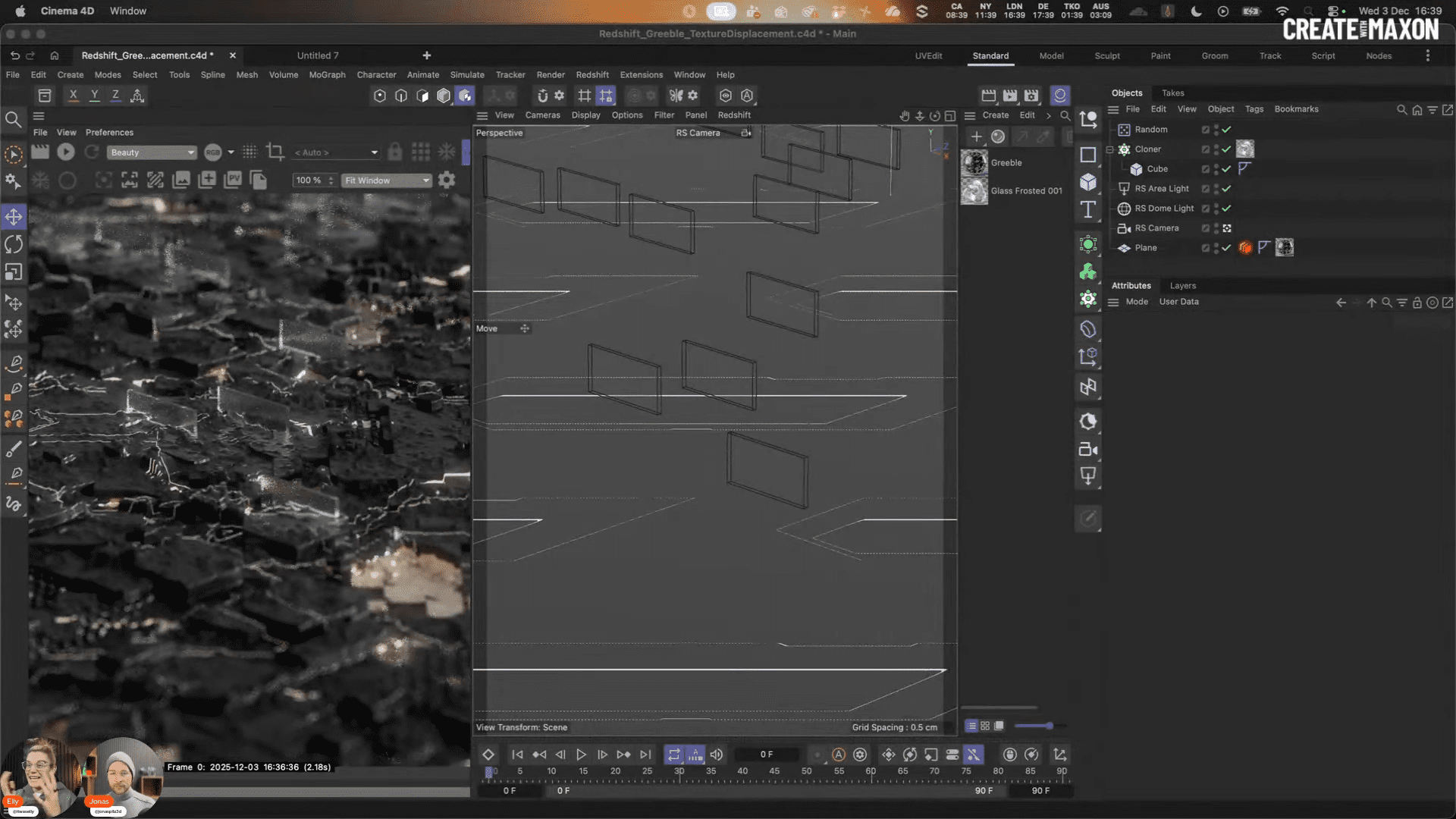 a computer screen displaying a 3d modeling software interface featuring a textured landscape with outlines of shapes two individuals appear at the bottom possibly discussing the project digital production A computer screen displaying a 3D modeling software interface, featuring a textured landscape with outlines of shapes. Two individuals appear at the bottom, possibly discussing the project.