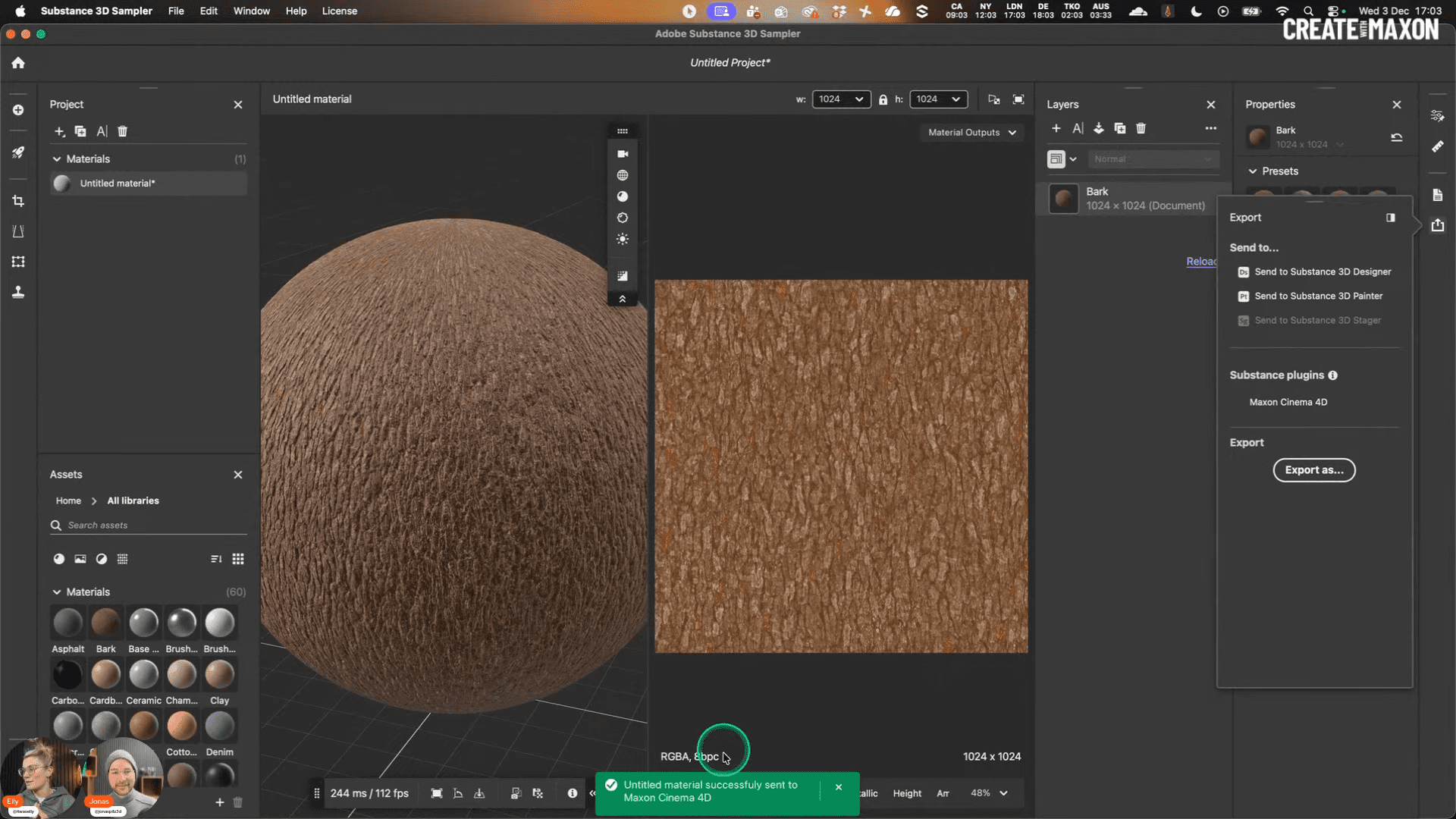 a closeup view of a 3d modeling software interface showing a sphere texture labeled untitled material on the left with a detailed texture preview on the right the background features various material options and export settings digital production A close-up view of a 3D modeling software interface showing a sphere texture labeled 'Untitled Material' on the left, with a detailed texture preview on the right. The background features various material options and export settings.