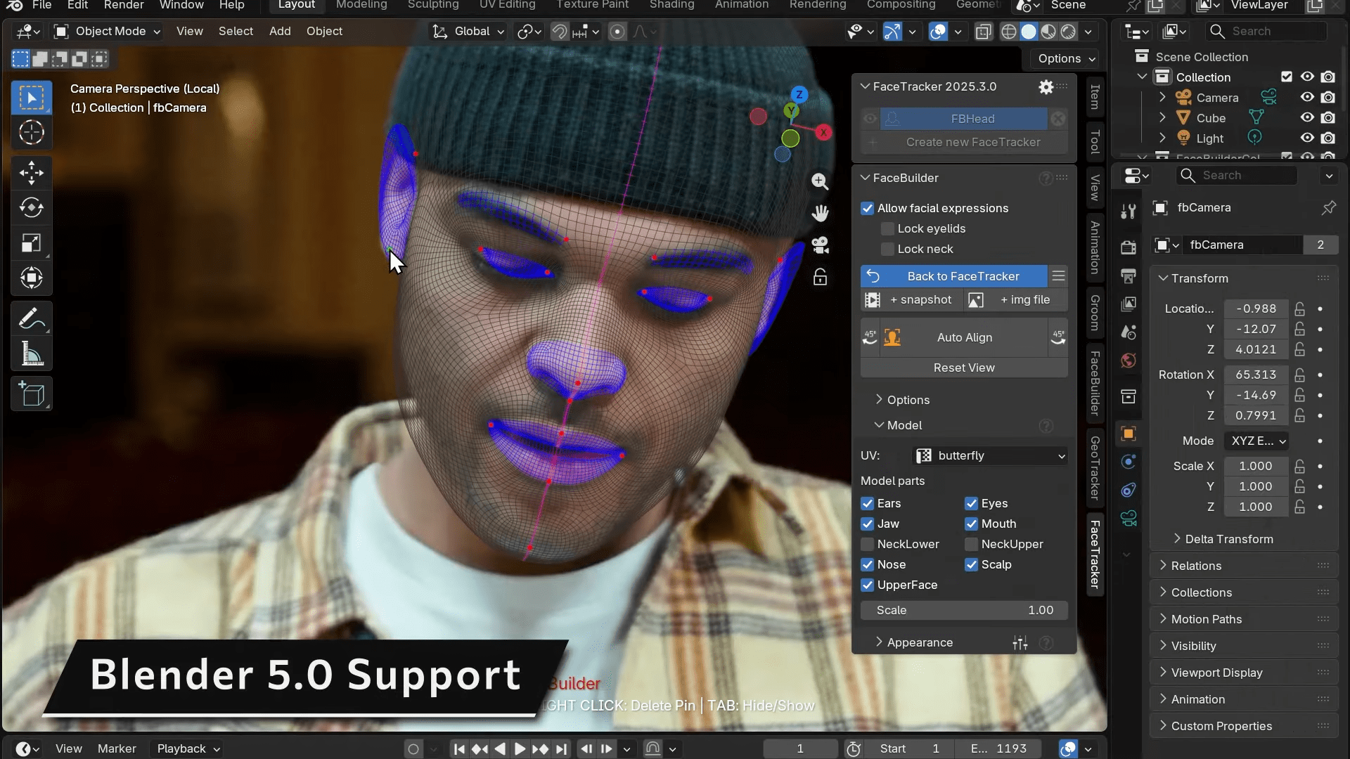 a screenshot from blender 3d software showing a character model with facial tracking features the models face has blue markers indicating tracking points and a user interface panel on the right displays settings related to facial expressions digital production A screenshot from Blender 3D software showing a character model with facial tracking features. The model's face has blue markers indicating tracking points, and a user interface panel on the right displays settings related to facial expressions.