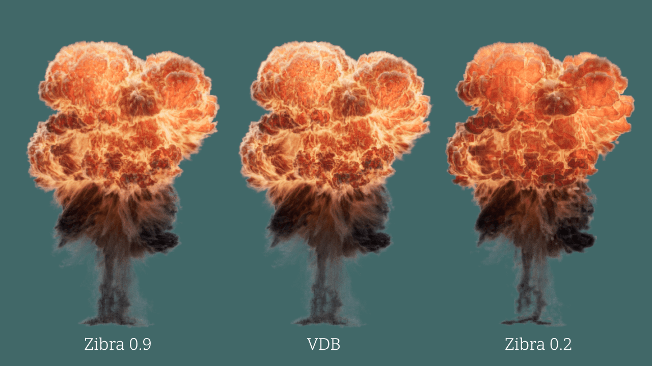 three distinct explosion graphics labeled zibra 09 vdb and zibra 02 displayed on a turquoise background each explosion has varying intensity and smoke detail showcasing the differences in simulation quality digital production Three distinct explosion graphics labeled 'Zibra 0.9', 'VDB', and 'Zibra 0.2' displayed on a turquoise background. Each explosion has varying intensity and smoke detail, showcasing the differences in simulation quality.